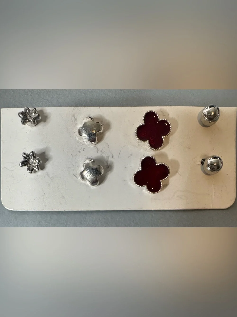 Silver and Burgundy Flower Stud Earring Set